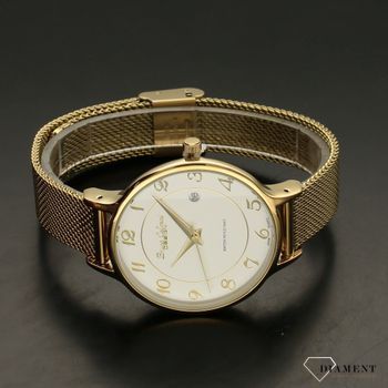 Zegarek damski BRUNO CALVANI BC3097 złoty. Zegarek damski zachowany w klasycznym złotej kolorystyce z piękną białą tarczą. Tarcza zegarka ozdobiona złotymi cyframi arabskimi i wskazówkam (4).jpg